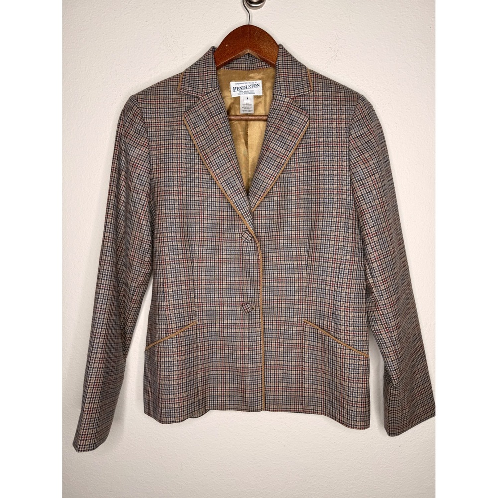 Pendleton Womens Virgin Wool Glen Plaid Blazer Jacket Brown Red Blue Size 4